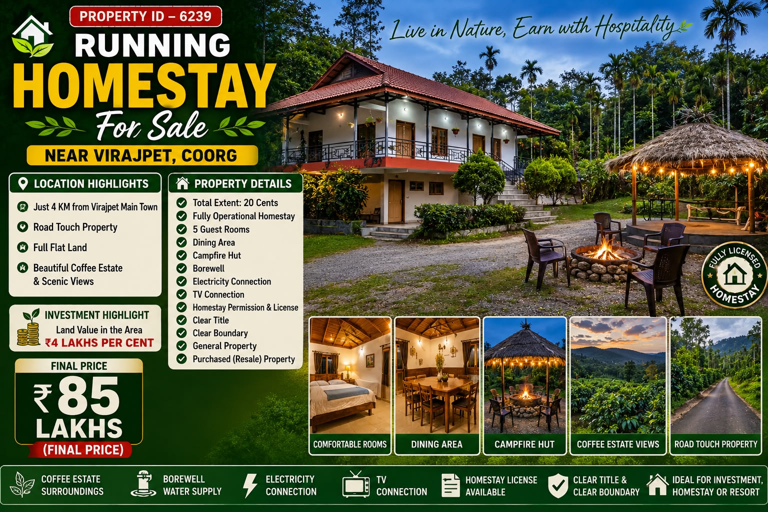 🆔 *PROPERTY ID – 6239* 🏡🌿 *Running Homestay for Sale – Near Virajpet, Coorg